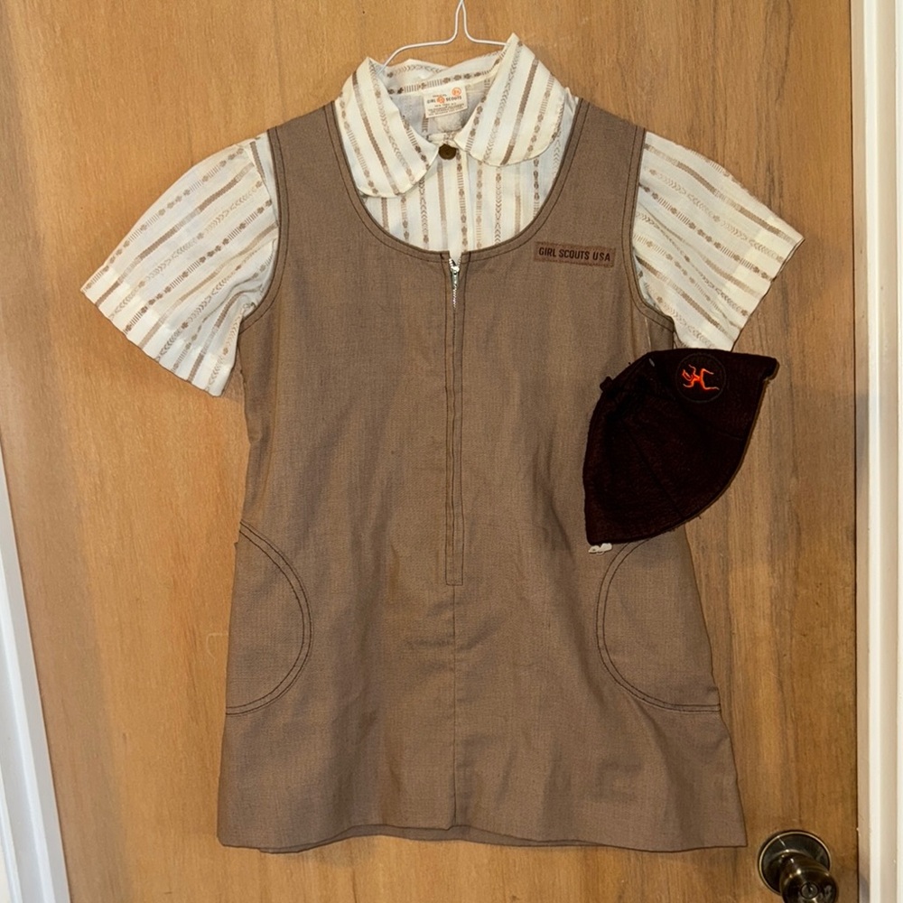 Brown Girl Scouts Uniform Dress with Striped Shirt and hat